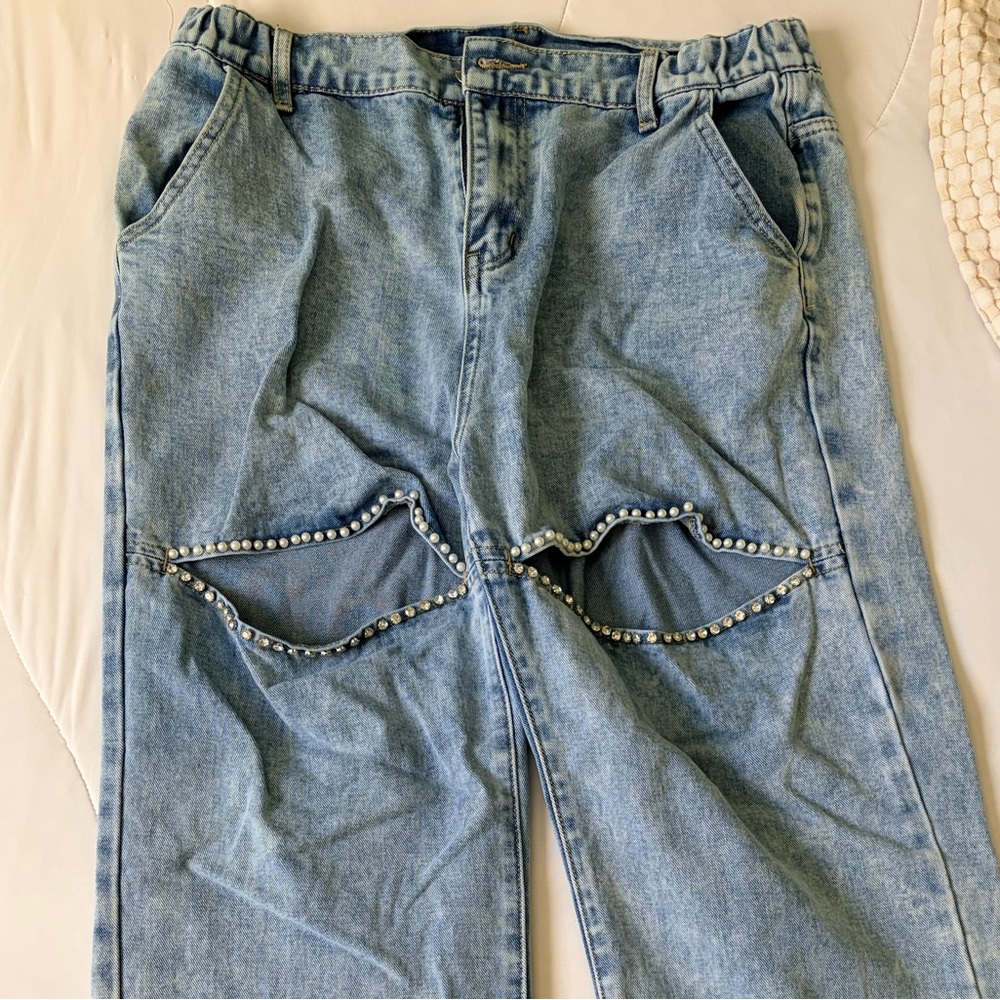 Stylish Blue Women's Jeans with Pearl Detailing